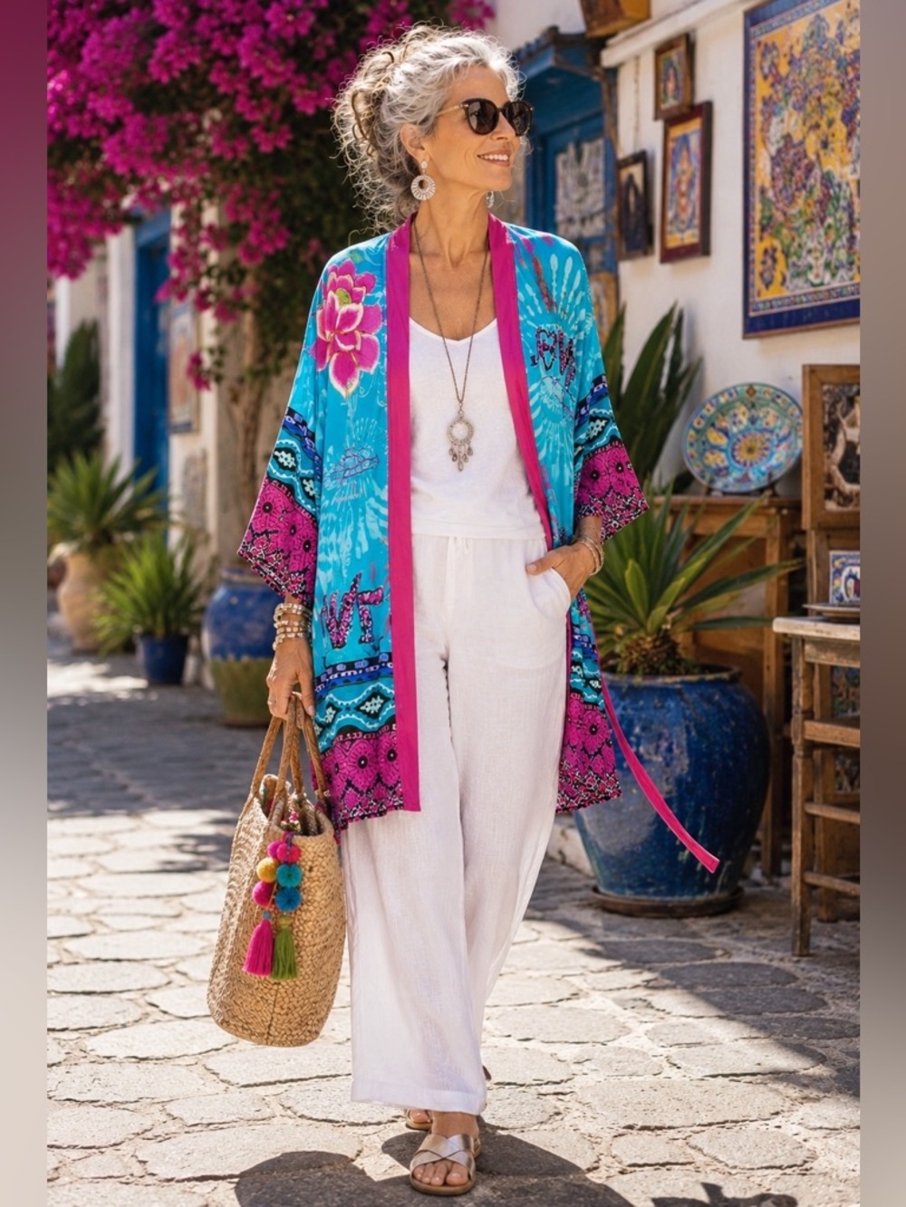 Desigual Patchwork Floral Kimono Art To Wear Colorful Resort Cover Up Sz S/M